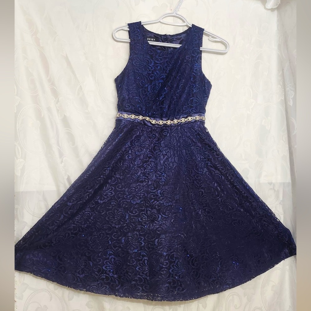 DKNY Navy Blue Sparkly Classy Swirls Circle A-Line Sleeveless Dress
